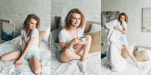 ホームウェアに身を包んだ女の子とのコラージュ朝のベッドでコーヒーを飲みながら横のコンセプト — ストック写真