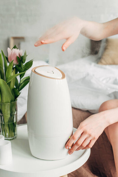 обрезанный вид женских рук с тюльпанами и очистителем воздуха, распространяющим пар
