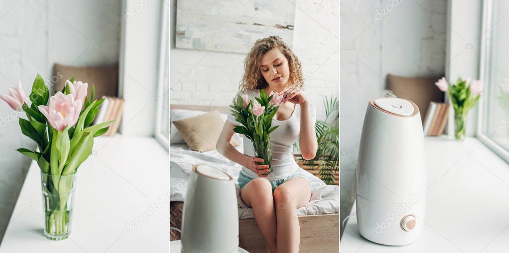 collage with beautiful happy girl sitting in bedroom with air purifier and flowers, horizontal crop