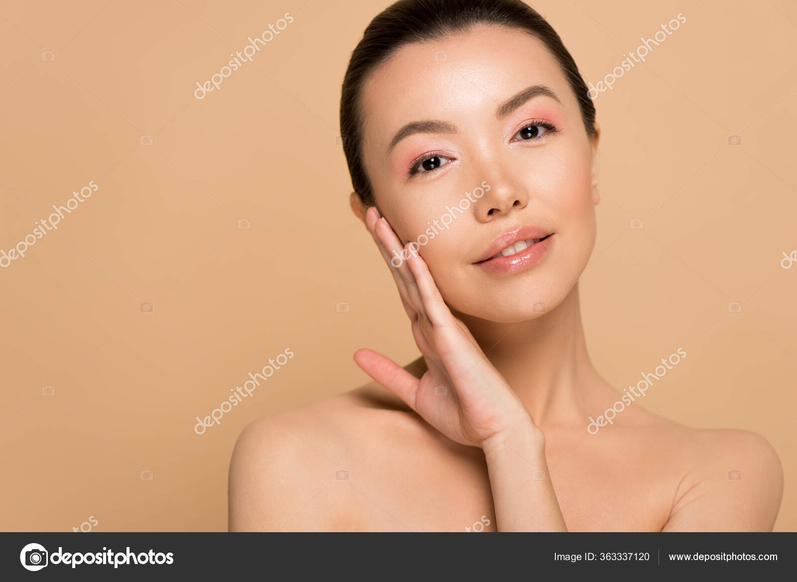 Attractive Tender Naked Asian Girl Clean Face Isolated Beige Stock
