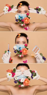 collage with asian woman in latex gloves and floral face mask with butterflies holding pills and coronavirus blood test isolated on beige clipart