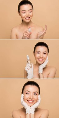 collage with cheerful naked asian girl in latex gloves holding antiseptic spray isolated on beige clipart