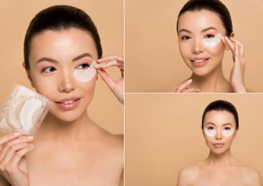 collage with beautiful asian girl with collagen eye pads isolated on beige clipart