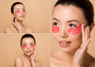 collage with attractive naked asian girl with pink collagen eye pads isolated on beige clipart