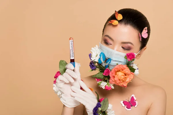 Attractive Nude Asian Girl Latex Gloves Floral Face Mask Butterflies — Stock Photo, Image