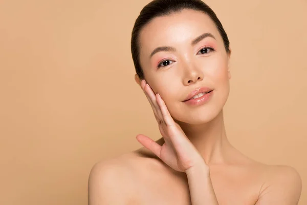 Attractive Tender Naked Asian Girl Clean Face Isolated Beige — Stock Photo, Image