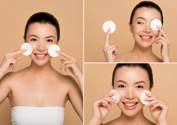 collage with beautiful smiling asian girl removing makeup from face with cotton pads isolated on beige