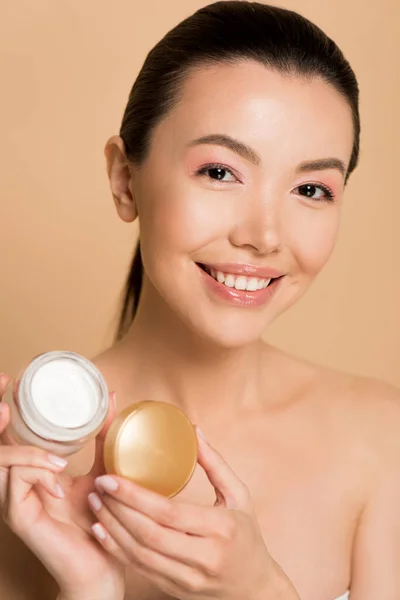 Beautiful Smiling Naked Asian Girl Holding Glass Container Cosmetic Cream — Stock Photo, Image