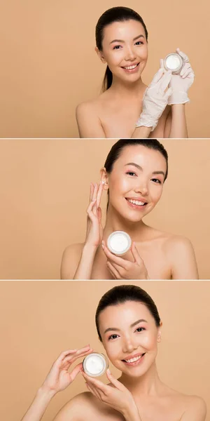 Collage Med Leende Naken Asiatisk Flicka Latexhandskar Tillämpa Ansiktskräm Isolerad — Stockfoto