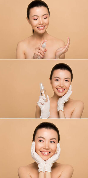 collage with cheerful naked asian girl in latex gloves holding antiseptic spray isolated on beige