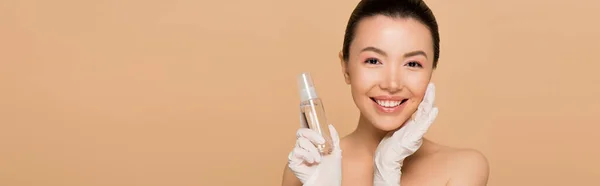 Panoramic Shot Cheerful Nude Asian Woman Latex Gloves Holding Antiseptic — Stock Photo, Image