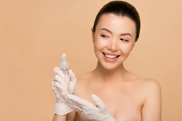 Attractive Cheerful Nude Asian Woman Latex Gloves Holding Antiseptic Spray — Stock Photo, Image