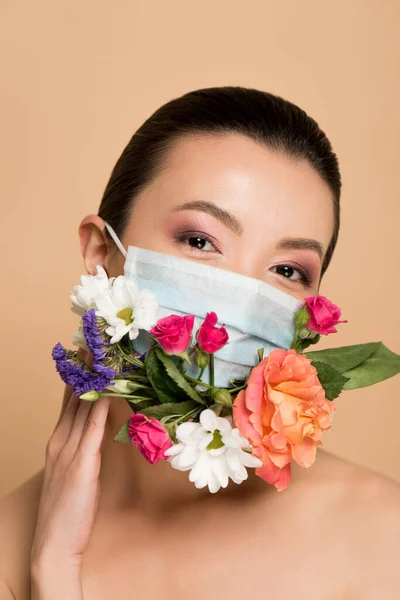 Beautiful Naked Asian Woman Floral Face Mask Isolated Beige — Stock Photo, Image