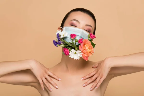 Happy Nude Asian Girl Floral Face Mask Isolated Beige — Stock Photo, Image