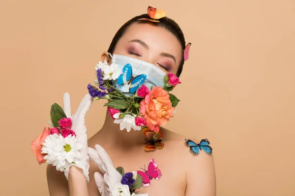 Beautiful Tender Asian Girl Closed Eyes Latex Gloves Floral Face — Stock Photo, Image