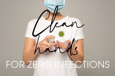 Cropped view of woman in medical mask using hand sanitizer isolated on grey, clean hands for zero infections illustration clipart
