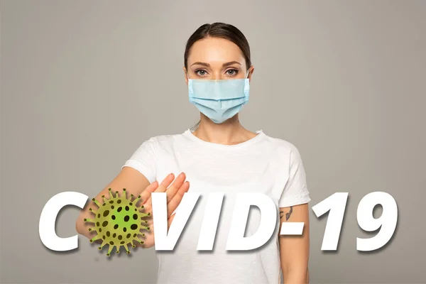 Woman Medical Mask Showing Stop Gesture Isolated Grey Covid Illustration — Stock Photo, Image