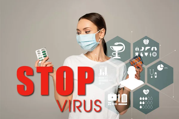 Young Woman Holding Blisters Pills Isolated Grey Stop Virus Lettering — Stock Photo, Image