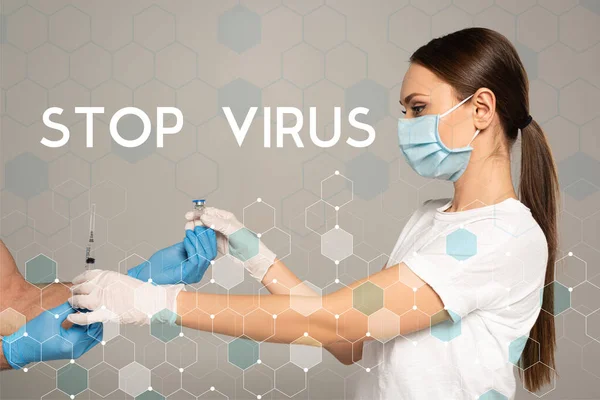 Side View Woman Taking Jar Vaccine Syringe Man Latex Gloves — Stock Photo, Image