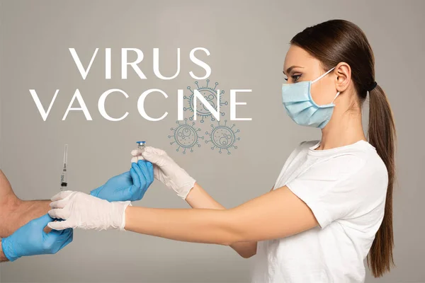 男性からワクチンと注射器の瓶を取る女性の側のビューラテックス手袋でグレーに隔離 ウイルスワクチンイラスト — ストック写真