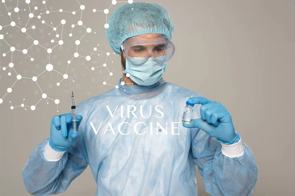 Doctor Medical Mask Protective Googles Holding Jar Vaccine Syringe Isolated — Stock Photo, Image