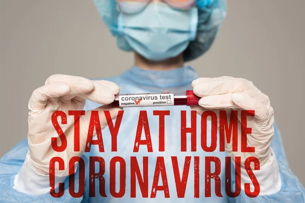 Selective Focus Doctor Holding Test Tube Blood Sample Coronavirus Lettering — Stock Photo, Image