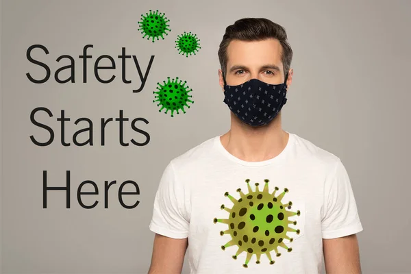Güvenlik Maskeli Adam Gri Kameraya Bakıyor Güvenlik Burada Başlıyor Bakteri — Stok fotoğraf