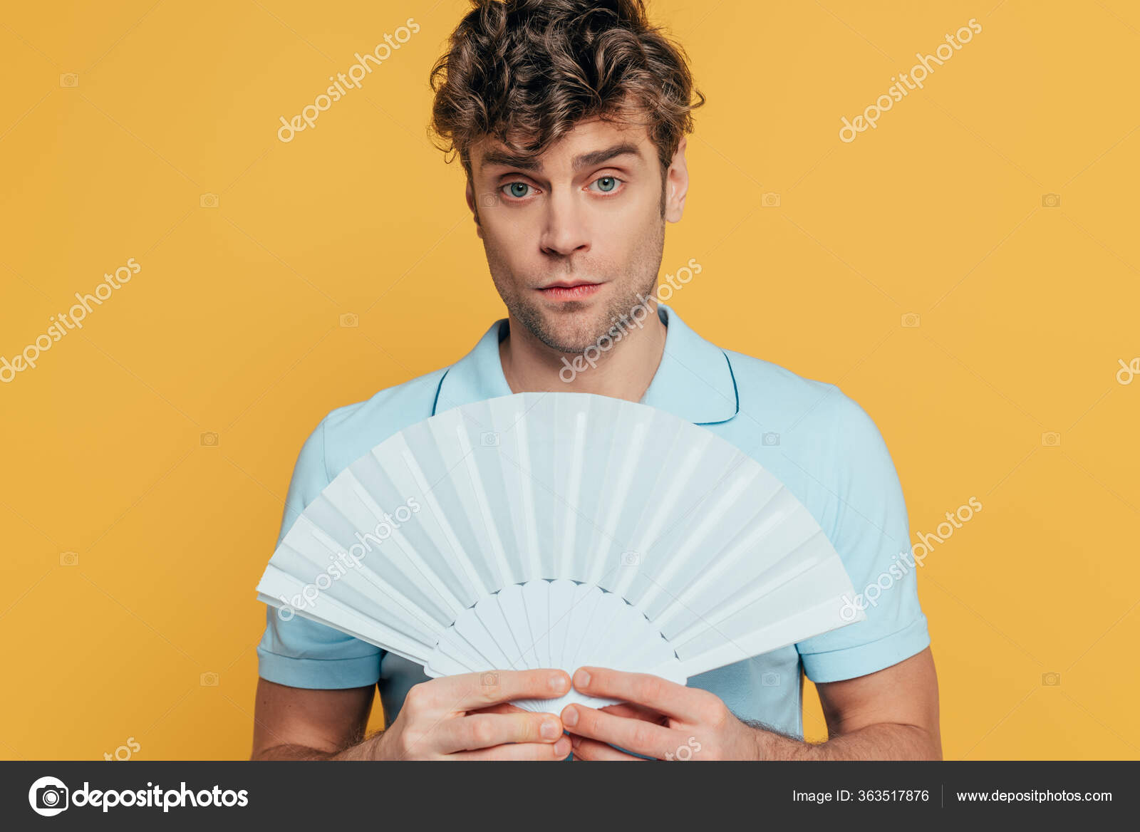 Man Holding Hand Fan Looking Camera Isolated Yellow — Stock Photo