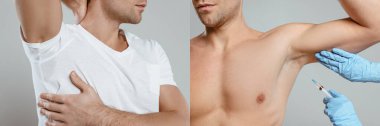 Collage of man with sweaty armpit and doctor doing botox injection from hyperhidrosis on grey, panoramic shot clipart