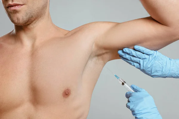 Cropped View Doctor Doing Botox Injection Hyperhidrosis Man Isolated Grey — Stock Photo, Image