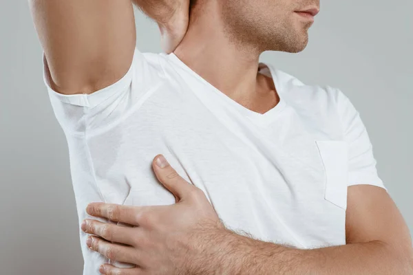 Cropped View Man Showing Sweaty Armpit Isolated Grey — Stock Photo, Image