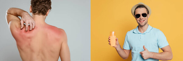 Коллаж загорелого человека с красной кожей на спине на сером фоне и человек показывает бутылку солнцезащитного крема и как знак на желтом фоне, панорамный снимок

