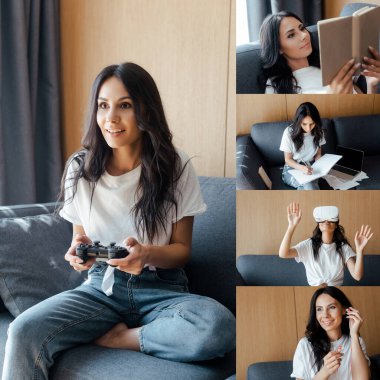 KYIV, UKRAINE - 9 Nisan 2020: joystick ile video oyunu oynayan, kitap okuyan, çalışan, vr kulaklığı kullanan ve kulaklıkla kulaklıkla kendini izole eden bir kadınla kolaj