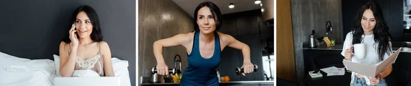 Collage Con Entrenamiento Mujer Con Mancuernas Trabajando Con Documentos Hablando — Foto de Stock