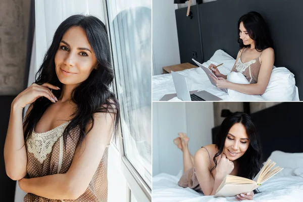 Collage Con Mujer Leyendo Libro Trabajando Con Documentos Portátil Cama — Foto de Stock