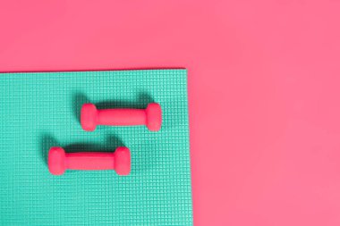 Fitness minderinin üstündeki dambılların üst görünümü pembe üzerine izole edilmiş. 