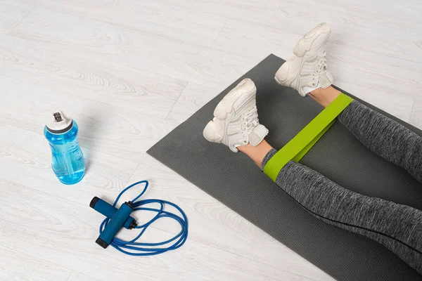 Cropped View Woman Working Out Resistance Band Skipping Rope Sports — Stock Photo, Image