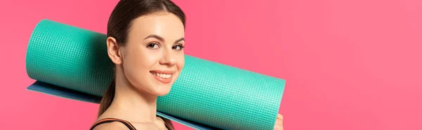 Panoramic Crop Happy Sportswoman Holding Fitness Mat Isolated Pink — Stock Photo, Image