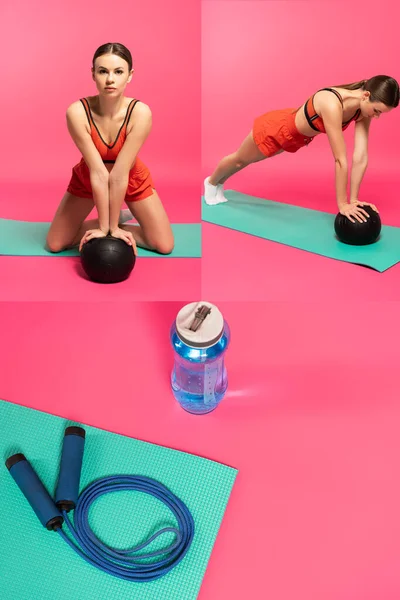 Colagem Jovem Mulher Sportswear Exercício Com Bolas Perto Pular Corda — Fotografia de Stock