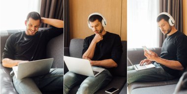 collage of happy freelancer in wireless headphones using laptop and smartphone at home clipart