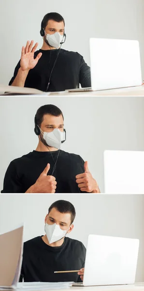 Collage Operator Medical Mask Headset Showing Thumbs Waving Hand While — Stock Photo, Image