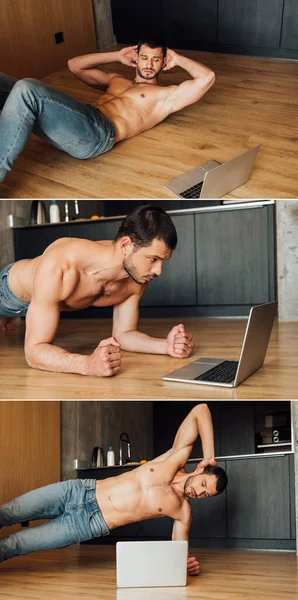 Collage Hombre Musculoso Haciendo Ejercicio Mientras Entrenamiento Línea Ordenador Portátil — Foto de Stock