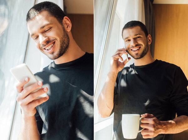 collage of bearded man smiling and holding cup while talking on smartphone 