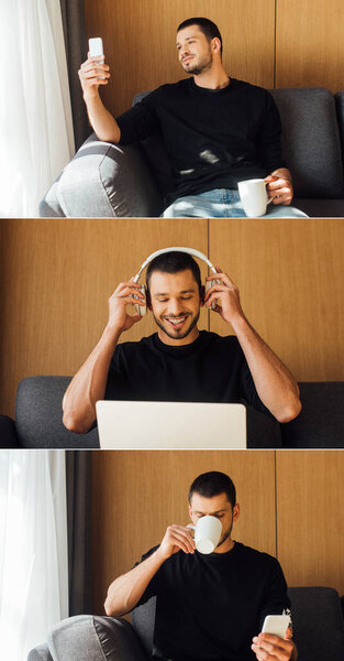 collage of happy bearded freelancer touching wireless headphones near laptop while holding smartphones and cups