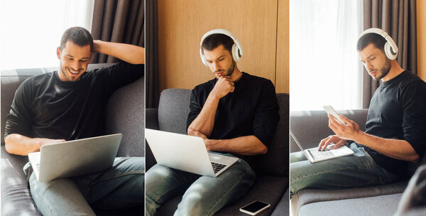 collage of happy freelancer in wireless headphones using laptop and smartphone at home