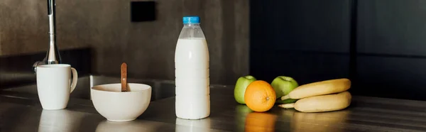 Panoramic Crop Tasty Fruits Bowl Spoon Bottle Milk — Stock Photo, Image