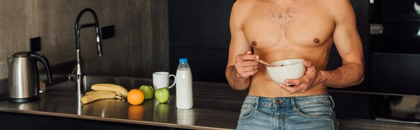 Panoramic Concept Shirtless Man Holding Bowl Cornflakes Fruits Bottle Milk — Stock Photo, Image