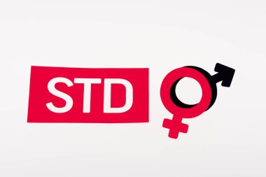top view of gender symbols near paper with std lettering isolated on white  clipart