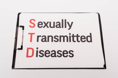 top view of clipboard with sexually transmitted diseases lettering isolated on white clipart