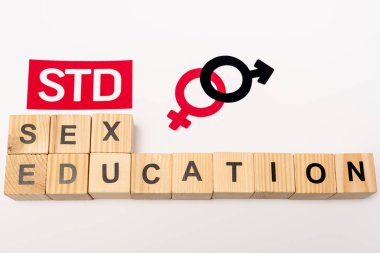 Tahta küplerin üst görünümü, cinsel eğitim kâğıdı yanında STD harfleri ve beyaz üzerine izole edilmiş cinsiyet sembolleri. 